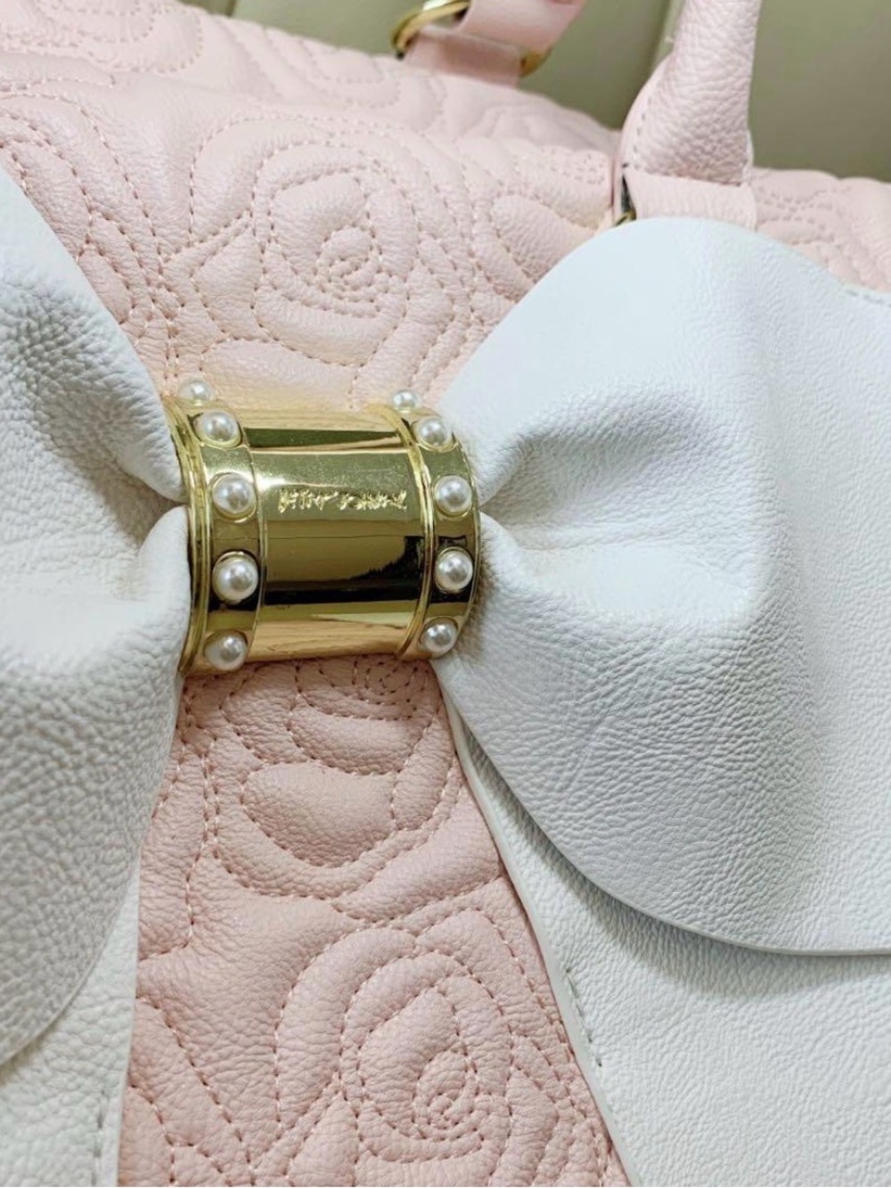 Betsey Johnson Pink Quilted Rose Tote with White Bow and Gold Accent - Picture 2 of 4